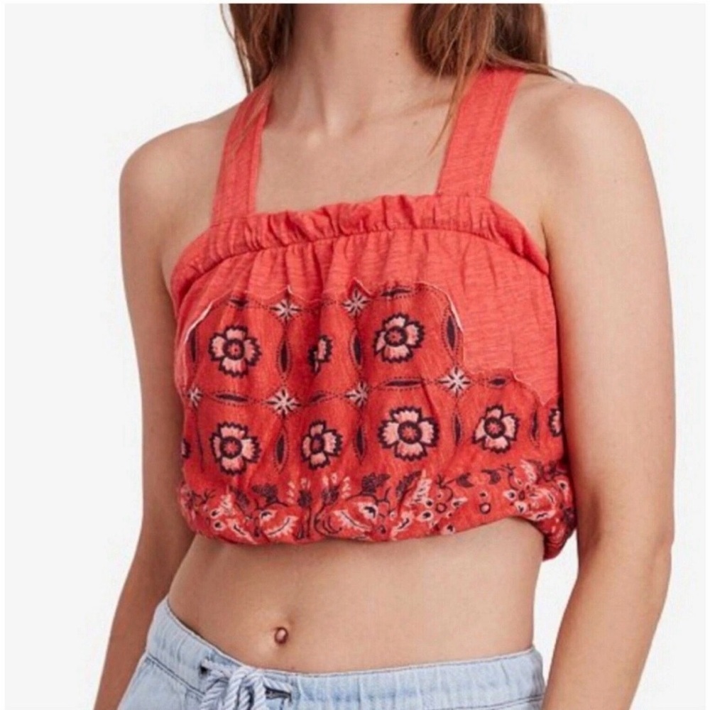 Free People Coral Red Floral Smocked Crop Top